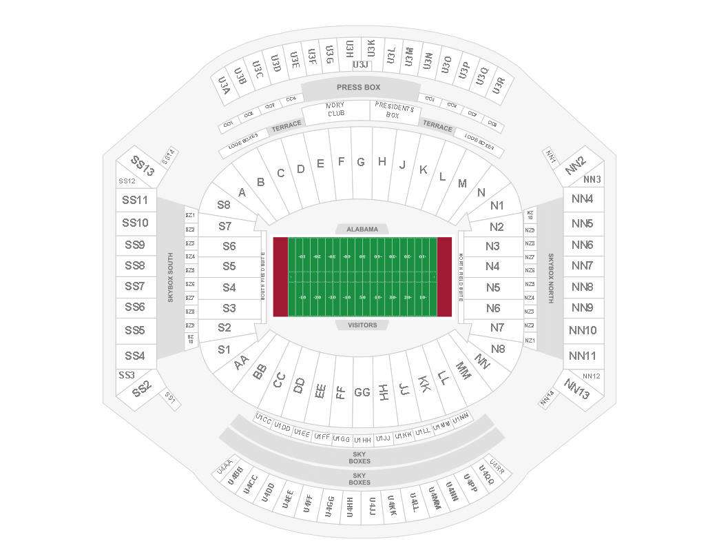 Venue seating chart for Alabama Crimson Tide Football for reference only